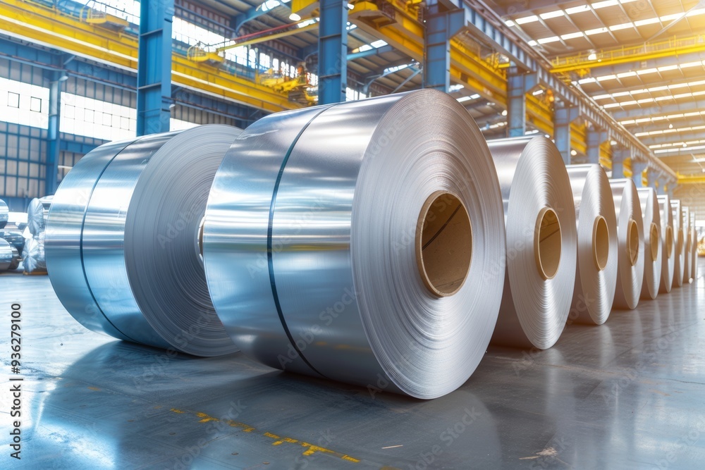 Rolls of Sheet Metal in Modern Warehouse steel product storage and Industy Factory concept.