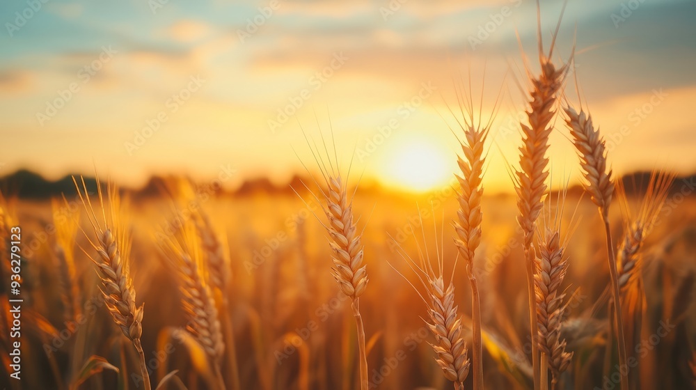 Ripe wheat fields natural landscape at sunset. farm harvest season. --