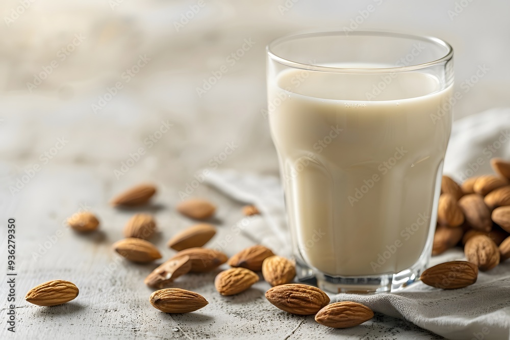 a glass of almond milk with a handful of almonds, set against a bright background, highlighting its freshness and nutritional benefits. a glass of almond milk with a handful of almonds, set against a bright background, highlighting its freshness and nutritional benefits.