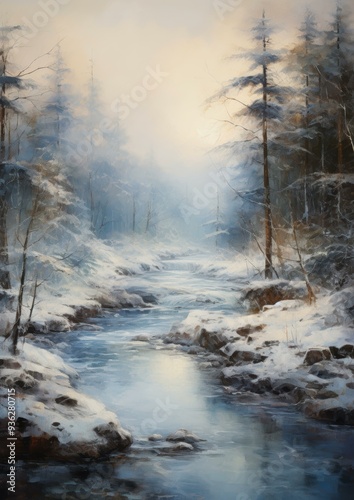 Snow-covered forest scene with a peaceful, icy river reflecting the morning light, ideal for nature, winter travel, and serenity-themed content,