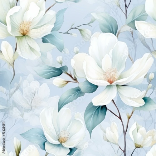 Soft and elegant watercolor illustration of white magnolia flowers with green leaves on a light blue background, perfect for use in wedding invitations, greeting cards, wallpapers, and home decor,