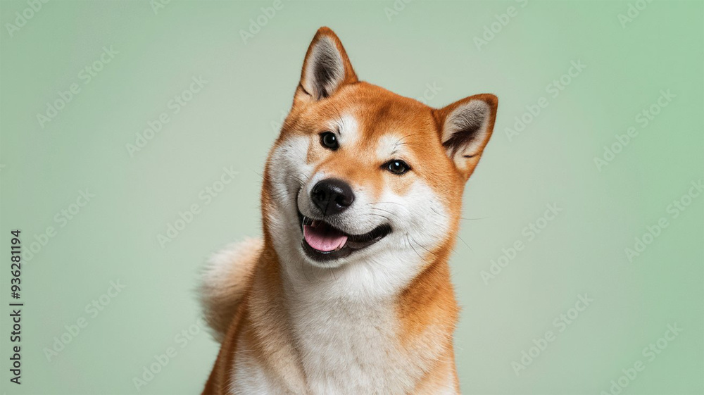 Cheerful Shiba Inu on Mint Green Background - Playful Dog Portrait Cheerful Shiba Inu on Mint Green Background - Playful Dog Portrait