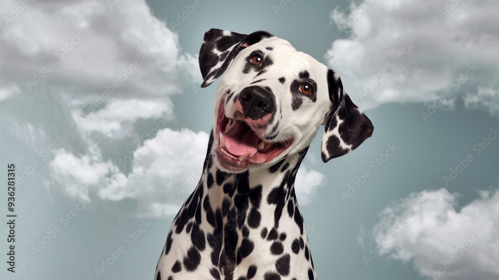 Lively Dalmatian on Sky Blue Background - Playful Dog with Head Tilt Lively Dalmatian on Sky Blue Background - Playful Dog with Head Tilt