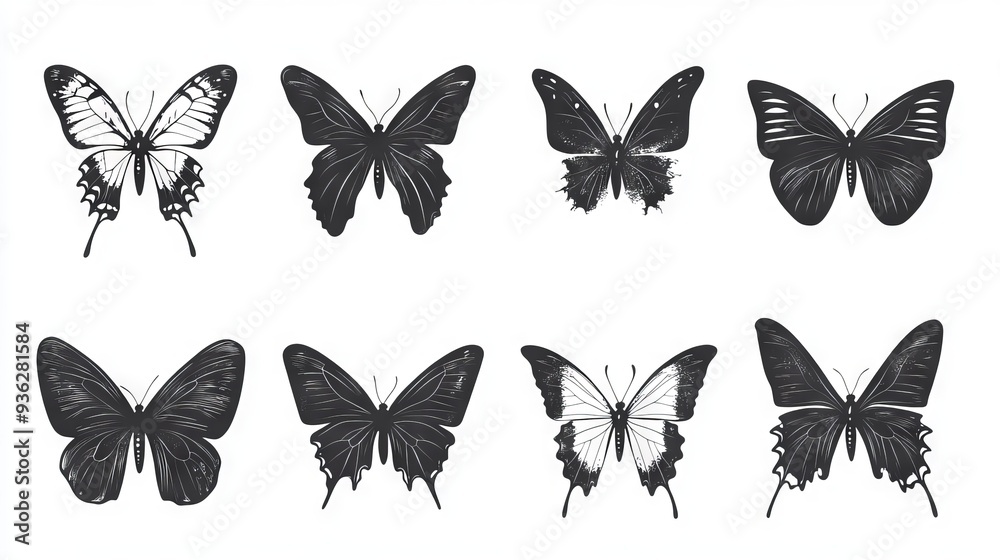 Set of butterfly silhouette vector illustrations on a white background. - Set of butterfly silhouette vector illustrations on a white background. -