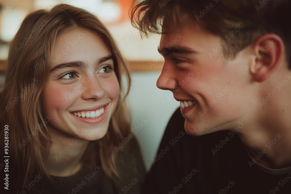 Close-up of a smiling young couple looking at each other with affection, capturing a warm and joyful moment. Perfect for romantic or relationship-themed designs.