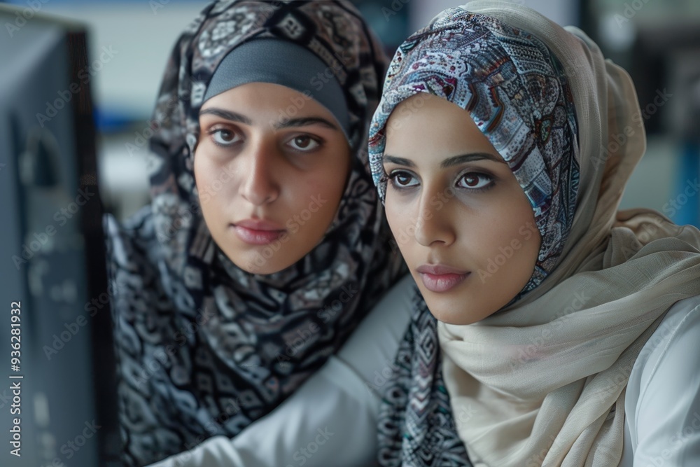 Focused female computer programmers in hijabs working collaborately on code in office. Focused female computer programmers in hijabs working collaborately on code in office.