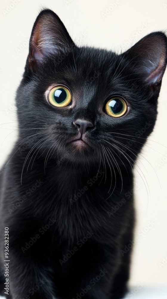 A black kitten with yellow eyes sitting on a white surface, AI A black kitten with yellow eyes sitting on a white surface, AI