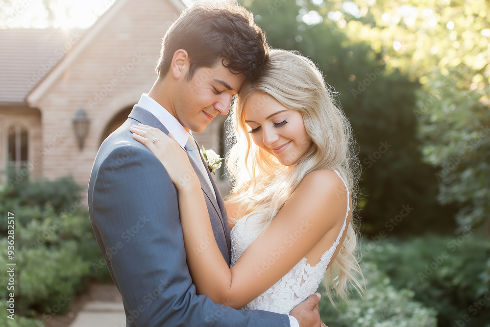 A young couple embraces outdoors, sharing a tender moment. The groom in a grey suit and the bride in a white lace dress, their foreheads touching gently, surrounded by soft, natural light. A young couple embraces outdoors, sharing a tender moment. The groom in a grey suit and the bride in a white lace dress, their foreheads touching gently, surrounded by soft, natural light.