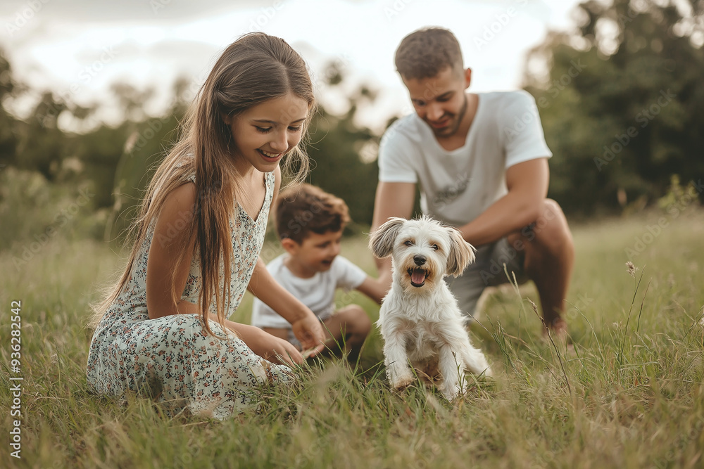 A happy family, including a father, two children, and a small dog, enjoys a sunny day outside. They are playing together in a grassy field, with the children smiling and the dog running happily. A happy family, including a father, two children, and a small dog, enjoys a sunny day outside. They are playing together in a grassy field, with the children smiling and the dog running happily.