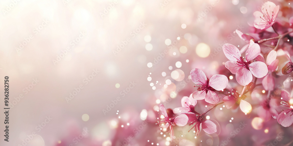 Soft pink cherry blossoms in full bloom, with gentle light creating a dreamy and romantic atmosphere. The background offers ample copy space for text. Soft pink cherry blossoms in full bloom, with gentle light creating a dreamy and romantic atmosphere. The background offers ample copy space for text.