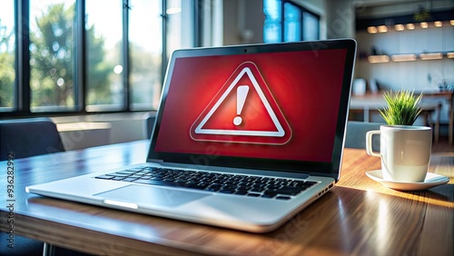 Alert warning sign on laptop screen indicating system hack, ransomware, virus, spyware, malware or malicious software attack, highlighting cyber security breach and cybercrime threat. photo