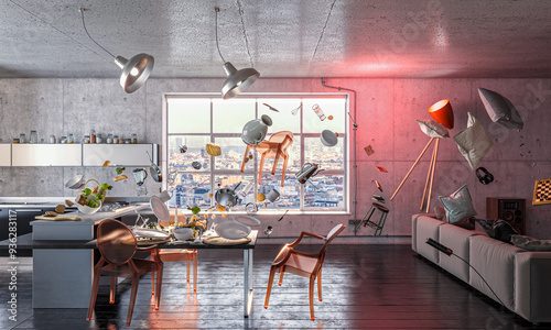 Fotografia Furniture and utensils floating in zero gravity modern apartment