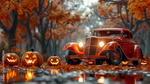 retro car decorated with halloween attributes. pumpkins, jack-o-lanterns, bats. horizontal banner
