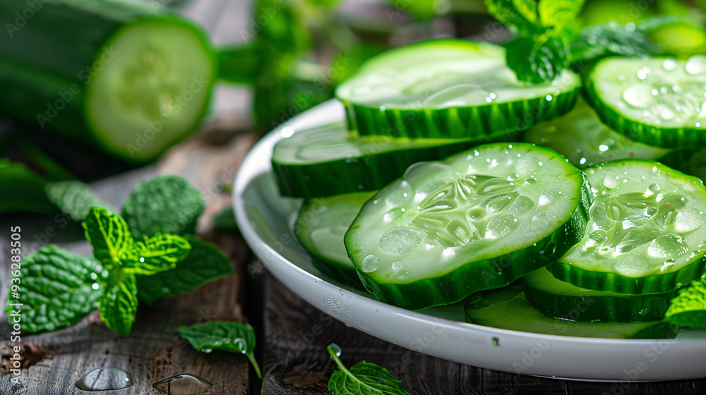Obraz premium freshly sliced cucumber rounds arranged on a white plate, with droplets of water highlighting their freshness, set on a rustic wooden table with a sprig of mint