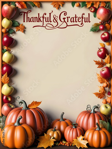 Thankful Grateful Autumn Harvest Border Frame with Apples | Photo Realistic Illustration for Thanksgiving Invitations, Cards Social Media posts on Adobe Stock.