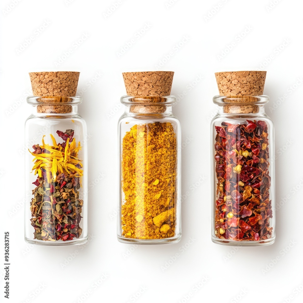Three Glass Jars with Cork Lids Filled with Yellow Flower Petals, Turmeric Powder and Red Pepper Flakes Three Glass Jars with Cork Lids Filled with Yellow Flower Petals, Turmeric Powder and Red Pepper Flakes
