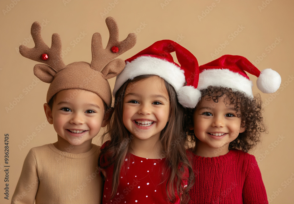Três crianças felizes e diversas, fantasiadas de Natal e com chifres de veado na cabeça, posando juntas Três crianças felizes e diversas, fantasiadas de Natal e com chifres de veado na cabeça, posando juntas