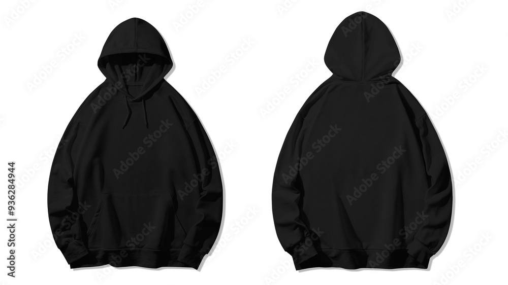 Black hoodie, front and back views, isolated white background. Black hoodie, front and back views, isolated white background.