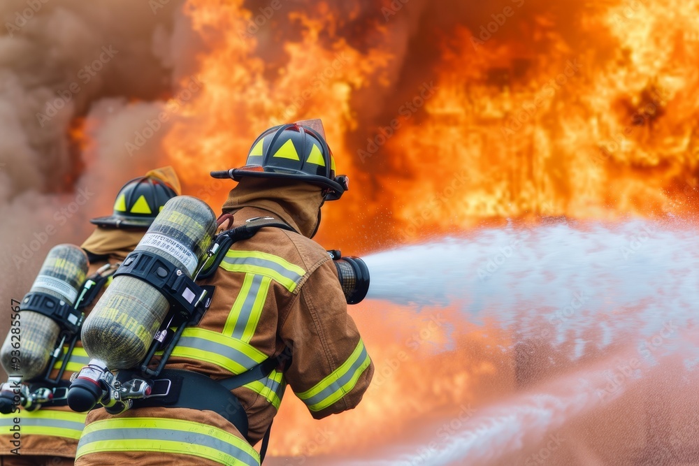 Two Firemen Battling a Blaze, Bravely Confronting a Raging Inferno With Determination Two Firemen Battling a Blaze, Bravely Confronting a Raging Inferno With Determination