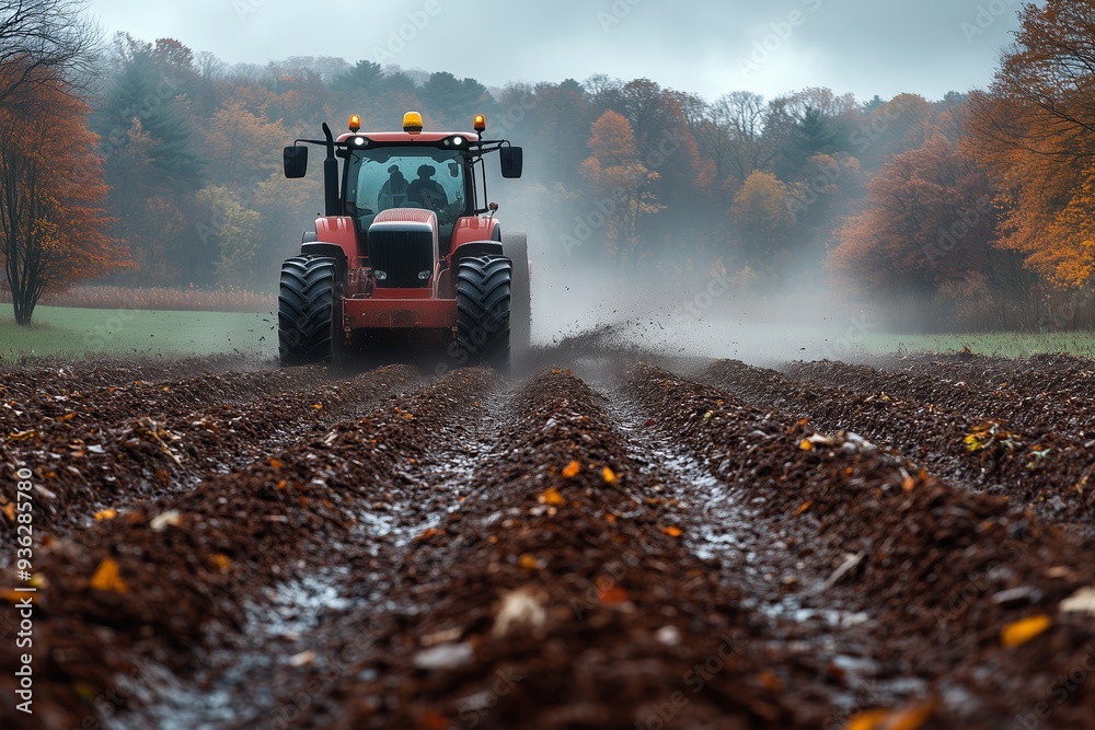Tractor tilling fields in the early morning mist during autumn with colorful foliage in the background Tractor tilling fields in the early morning mist during autumn with colorful foliage in the background