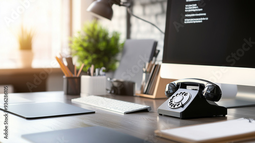 A close-up of a stylish office desk with a classic rotary telephone, a computer monitor, and office supplies, highlighting the theme of communication in a modern work environment. Ai generated