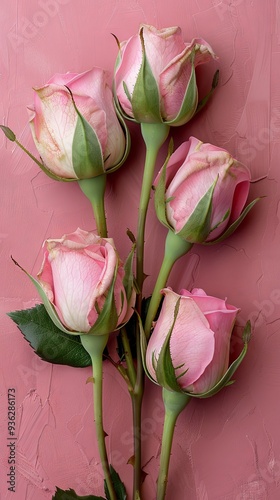 Pink rose flower buds on a pink backdrop in a flat lay top view