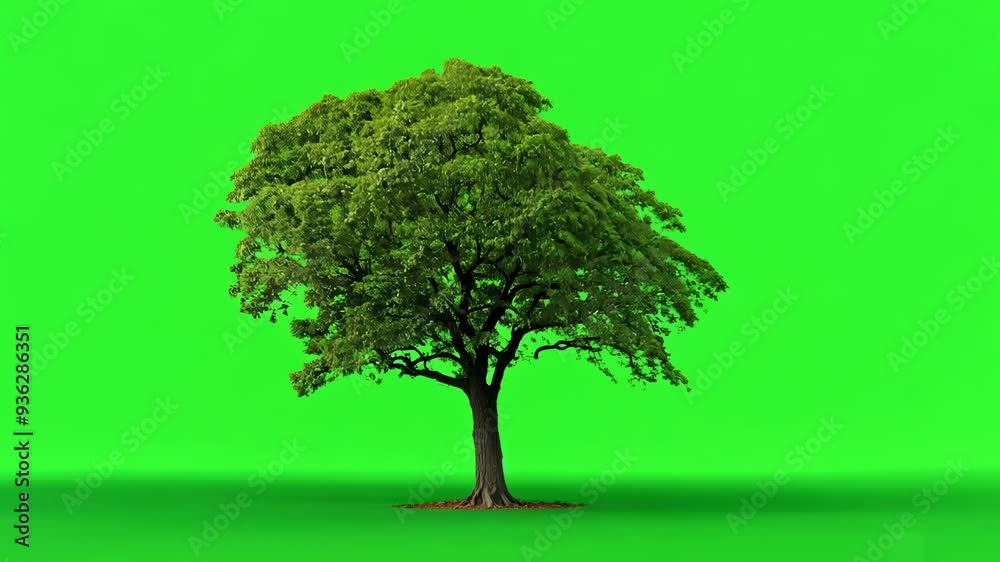 Large tree isolated on a green screen sways in the wind