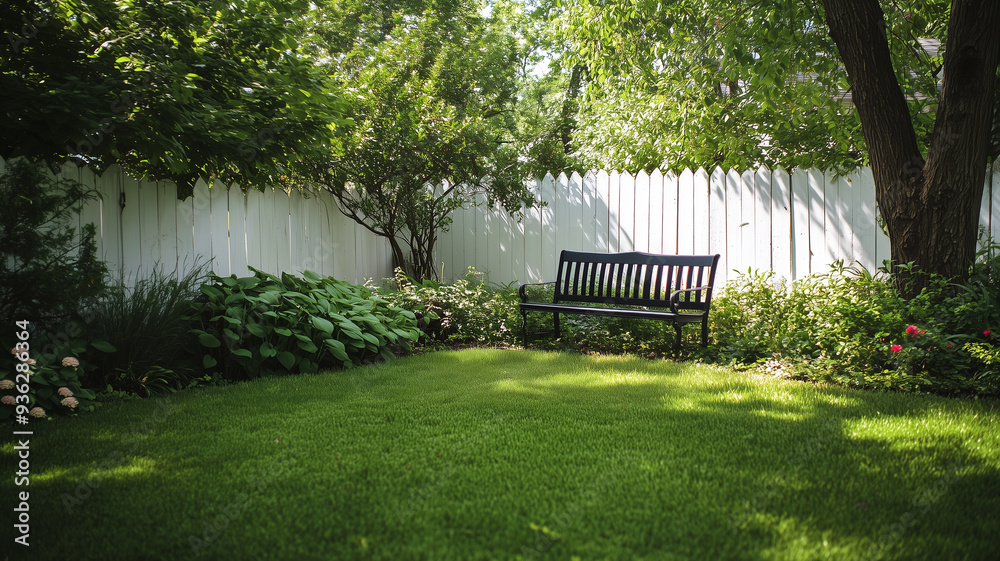 A cozy backyard with a white fence and a green lawn, a garden bench resting in the shade, perfect for a quiet afternoon. Ai generated A cozy backyard with a white fence and a green lawn, a garden bench resting in the shade, perfect for a quiet afternoon. Ai generated