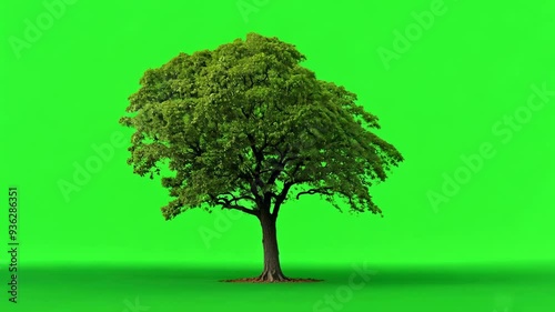 Large tree isolated on a green screen sways in the wind
