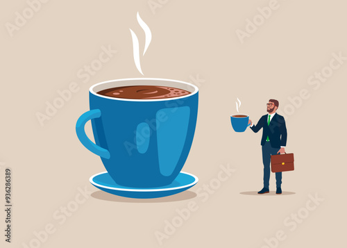 Businessman takes a coffee break after complex and tense work. Flat vector illustration