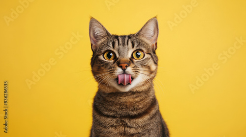 A humorous senior cat with its tongue sticking out, set against a vibrant yellow background.