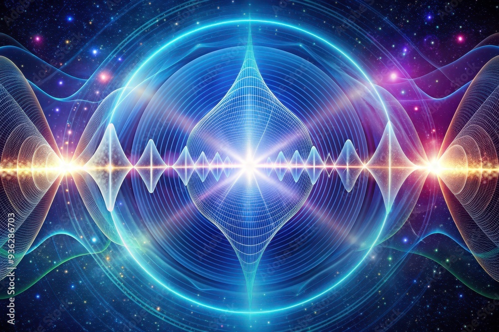 Obraz premium Abstract Quantum Waveforms in Vibrant Cosmic Space with Energy Pulses