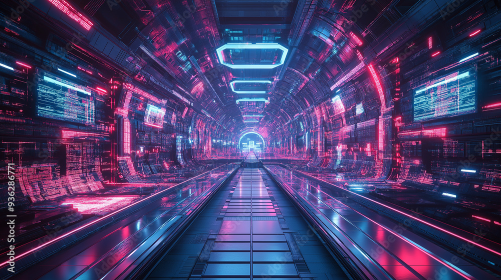 A futuristic tunnel with neon lights and a glowing floor A futuristic tunnel with neon lights and a glowing floor