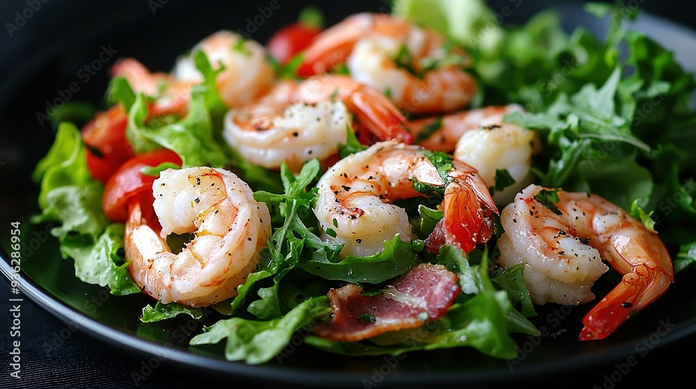 A close-up photo captures shrimp and lettuce on top of a bed of lettuce A close-up photo captures shrimp and lettuce on top of a bed of lettuce