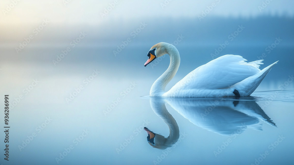 A majestic white swan gliding gracefully across the calm water, its reflection mirrored perfectly. Ai generated A majestic white swan gliding gracefully across the calm water, its reflection mirrored perfectly. Ai generated