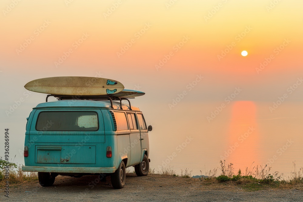 Van parked at a cliffside overlooking the ocean, with surfboards attached to the roof, with copy space. Warm sunset lighting. Expansive ocean view Van parked at a cliffside overlooking the ocean, with surfboards attached to the roof, with copy space. Warm sunset lighting. Expansive ocean view