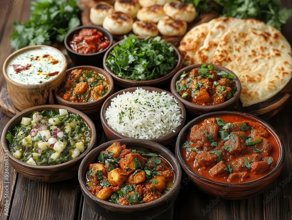 vibrant indian feast spread on rustic wooden table aromatic curries in earthen bowls warm ambient lighting rich colors enticing textures vibrant indian feast spread on rustic wooden table aromatic curries in earthen bowls warm ambient lighting rich colors enticing textures