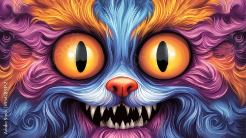A colorful cat with big eyes and yellow teeth, AI