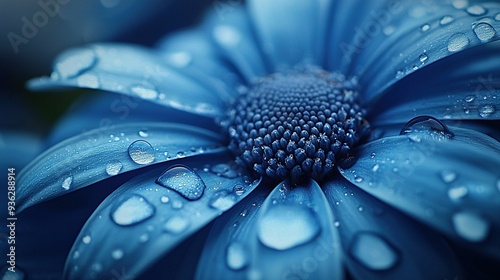   A macro shot of a blue blossom with dewdrops on its petals and the floral heart