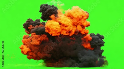 Realistic explosion with fire and smoke expanding on chroma key background