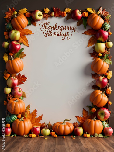 Harvest Festival Border with Apples Thanksgiving Blessings | Photo Realistic Design for Invitations, Cards, Social Media Posts