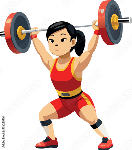 Young woman weightlifter is lifting a barbell with weights