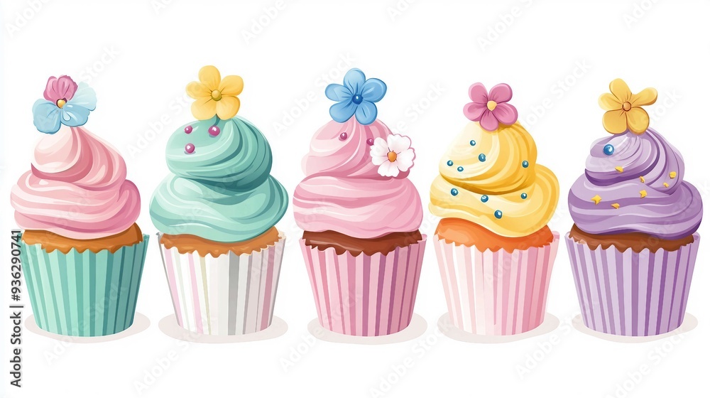Vibrant Colorful Cupcakes with Flower Design Stripe on Isolated Background - Editable Elements for Customization Vibrant Colorful Cupcakes with Flower Design Stripe on Isolated Background - Editable Elements for Customization