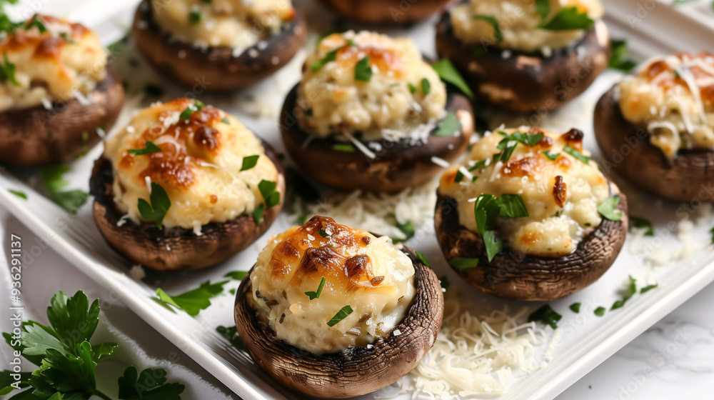 stuffed mushrooms, filled with creamy cheese and herbs, displayed on a white ceramic platter with fresh parsley and a sprinkle of Parmesan cheese stuffed mushrooms, filled with creamy cheese and herbs, displayed on a white ceramic platter with fresh parsley and a sprinkle of Parmesan cheese
