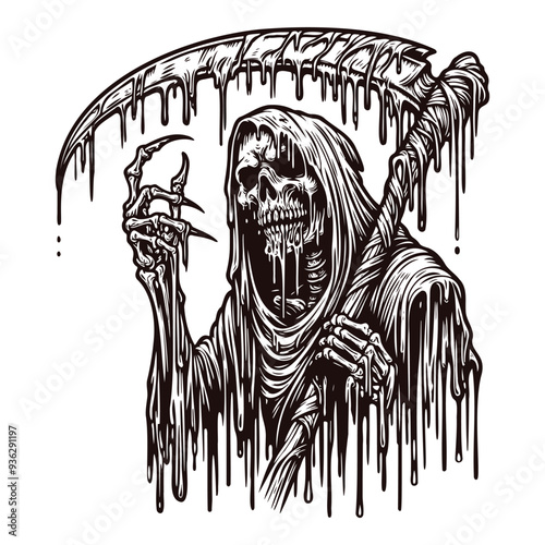 Line art illustration of terrifying Grim Reaper with melting, dripping scythe. Bold black Reaper logo, high-contrast design. Detailed surreal horror artwork for tattoos. Halloween digital vector art