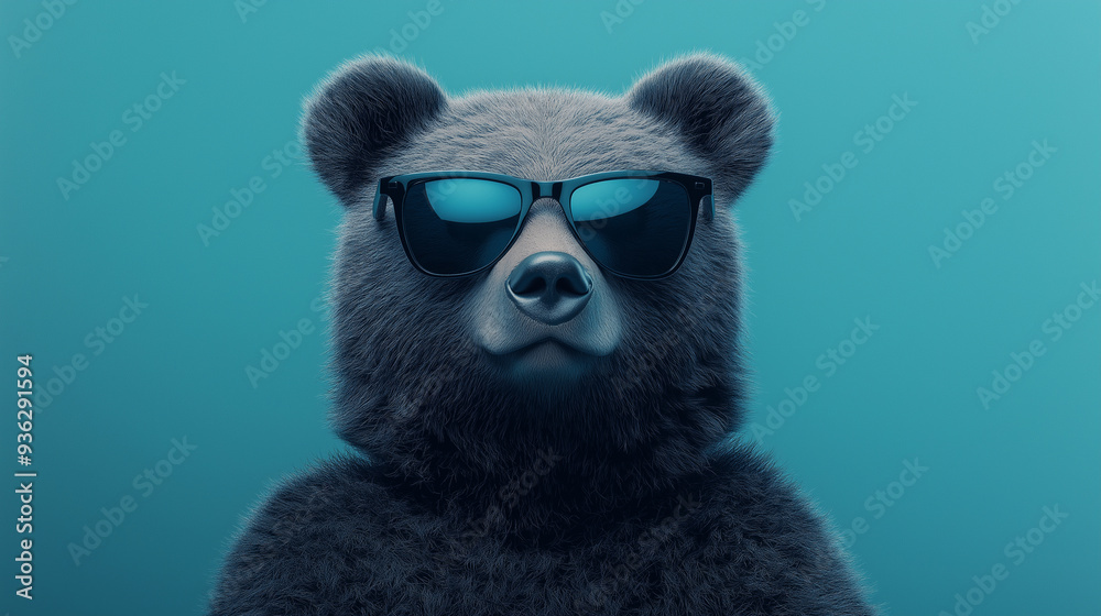 A bear wearing sunglasses and standing in front of a blue background A bear wearing sunglasses and standing in front of a blue background