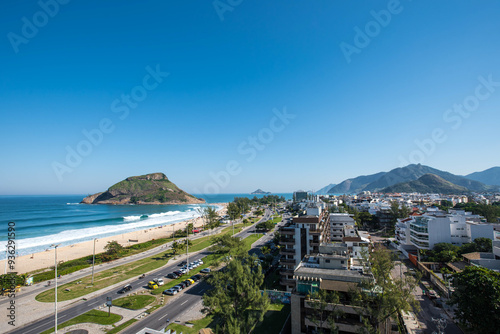 Aerial View of Pedra do Pontal and Beachfront in Recreio dos Bandeirantes - Rio de Janeiro, Brazil photo