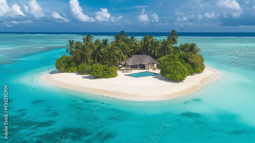 Aerial perspective of a tropical island, with a beachfront house and a stretch of sandy shore, set against the backdrop of the sparkling sea. Ai generated