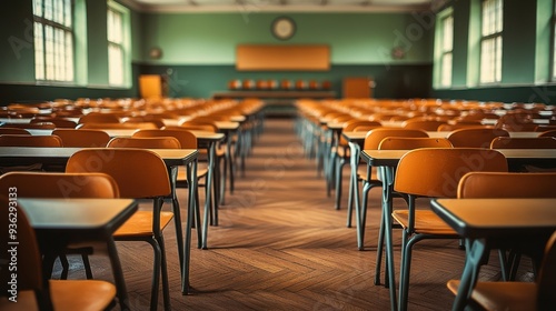 Empty high school classroom with nostalgic vintage tones