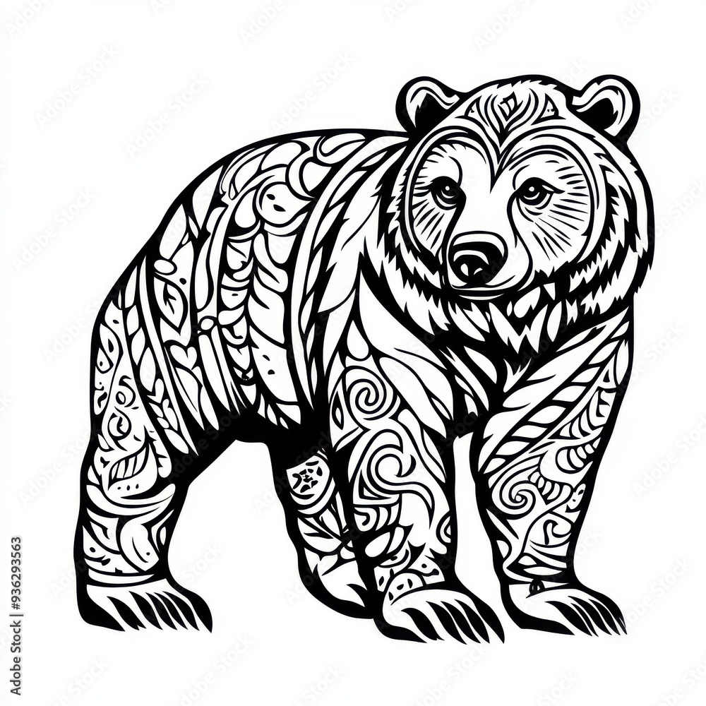 Fototapeta premium Outline illustration of a black and white bear for drawing and coloring on white background